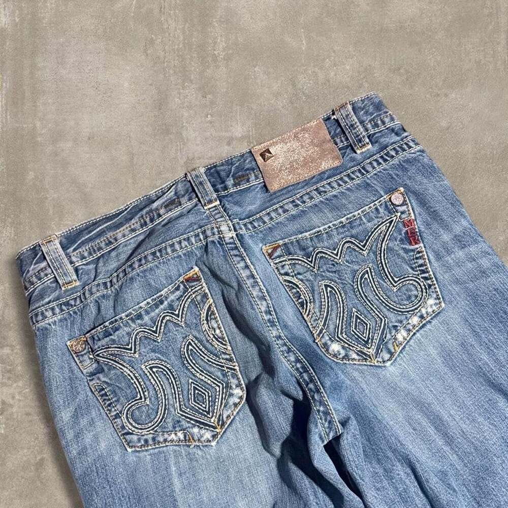 MEK Denim Osaka Boot Cut Jeans 38x34 Distressed Embroidered